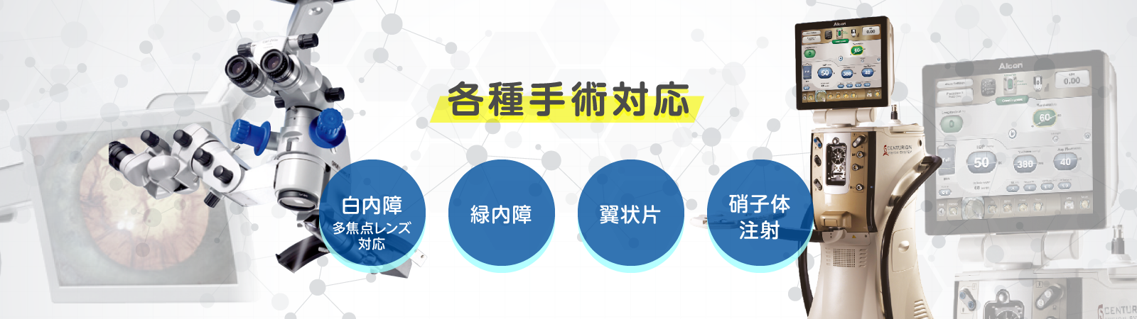 白内障（多焦点レンズ対応）、緑内障、翼状片、硝子体注射、各種手術対応